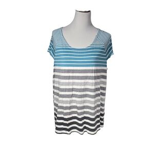 Sunday Women's 1X Pullover Gray White Blue Striped Short Sleeve Top